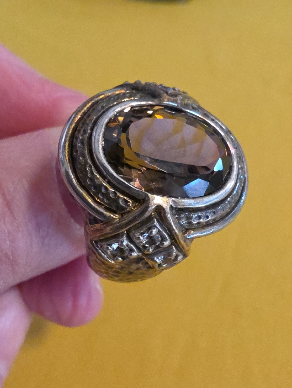 Vintage Textured 925 Ring w/ Cushion-Cut or Oval Smoky Quartz or Topaz Stone